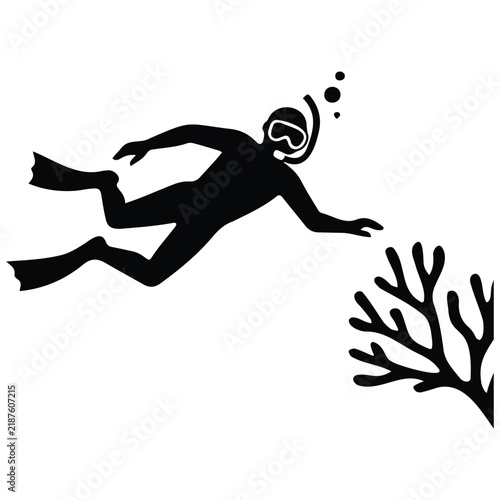 Snorkeler explores marine life near coral reef in minimalist black and white vector.