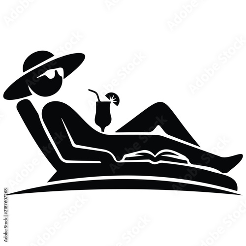 Sunbather relaxes on deck chair with tropical cocktail and book under summer sun vector.