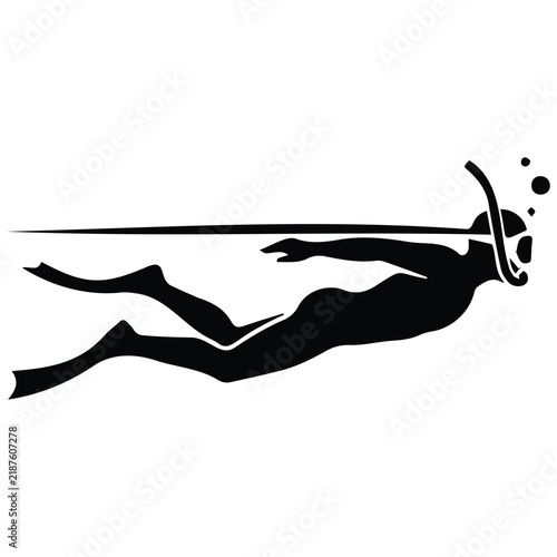 Swimmer wearing snorkeling gear in ocean water black silhouette for summer vacation theme.