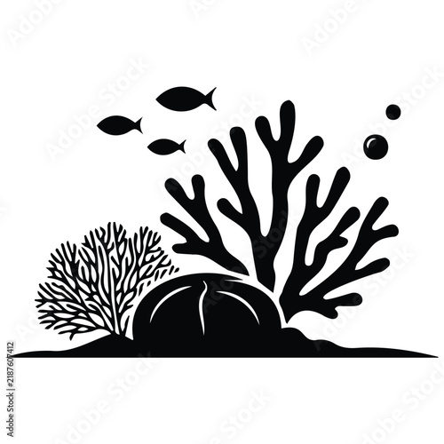 Underwater coral reef scene with small fish and floating bubbles for aquatic wall decor.