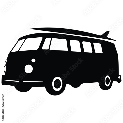 Vintage camper van silhouette with surfboard on roof for surfing travel adventure icon.