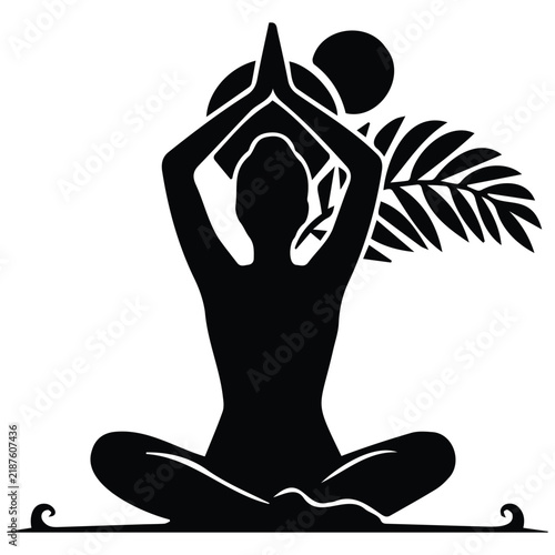 Yoga practitioner sits in lotus pose with palm leaf and sun background graphic vector.