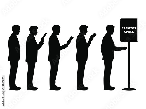 People Waiting in Line at Passport Check Silhouette Illustration