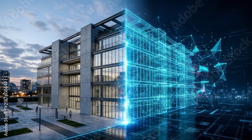Modern office building transforming into a glowing digital wireframe, representing architectural innovation and smart city technology, concept of digital transformation and smart architecture