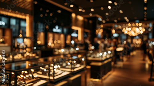 Wide interior view of blurred luxury jewelry showroom with glass display cases, dark decor and golden bokeh lighting for premium retail advertising, shopping concepts and commercial background