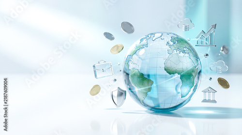 Global Business Network Concept with Glass Globe Floating Coins and Financial Icons on Bright Background