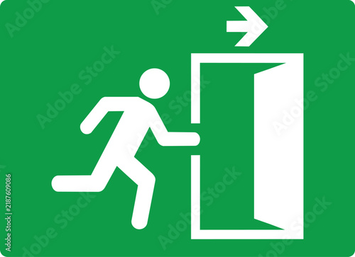Emergency exit sign featuring running person icon and directional arrow graphic design on transparent background