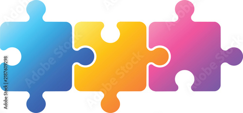 Three vibrant interlocking puzzle pieces showcasing colorful gradient designs displayed as a vector on transparent background