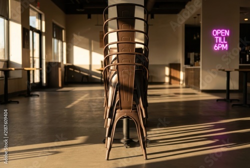 Stacked chairs in empty industrial room with neon open sign