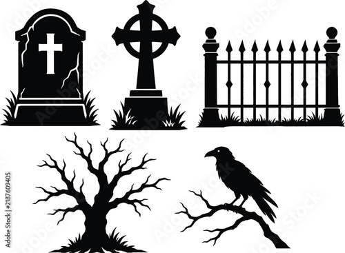 Gravestone celtic cross fence tree and raven silhouettes on a white background