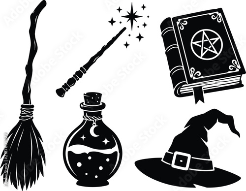 Witchcraft elements including broom wand potion book and hat in black silhouette