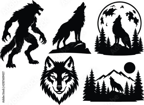 Black silhouettes of werewolves and wolves against scenic backgrounds