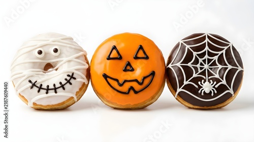 Three spooky decorated Halloween donuts with mummy, jack-o-lantern, and spider web designs on a white background