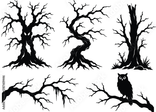 Black silhouette trees and owl illustration on a white background