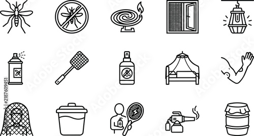 Mosquito control and pest protection outline icons set collection displayed as vector on transparent background