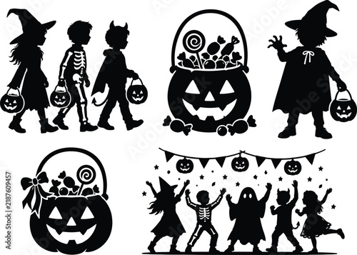 Halloween silhouettes depicting trick or treaters and jack o lanterns on a white background