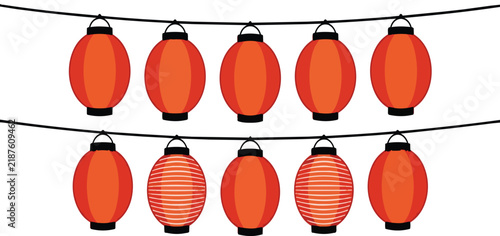 Decorative red paper lantern strings for traditional asian holiday celebration festivities isolated on transparent background