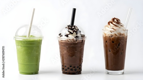 Assorted Refreshing Cold Beverages Including Green Tea Frappe Chocolate Bubble Tea and Iced Mocha Coffee in Transparent Plastic Cups