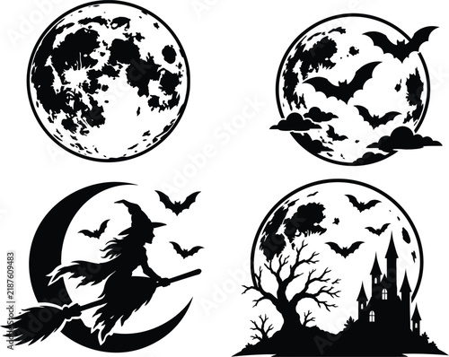 Halloween silhouettes depicting moons a witch and a haunted castle