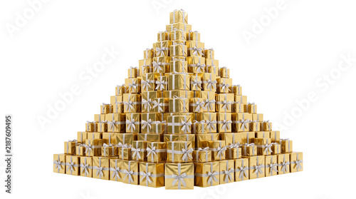Large pyramid of golden gift boxes with silver ribbons stacked high isolated on transparent background