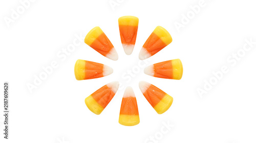 Candy corn arranged in a circle on a transparent background