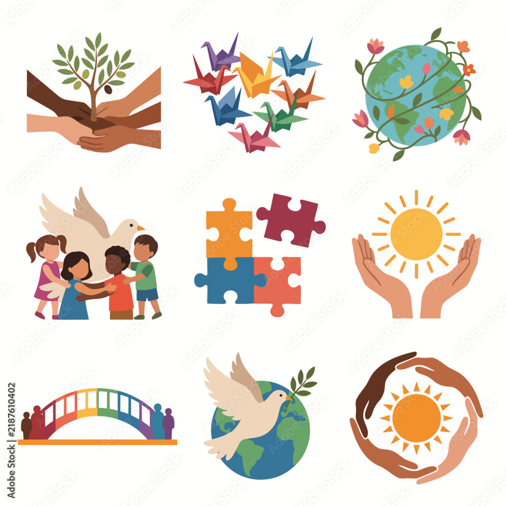 Obraz premium Collection of diverse vector icons representing global unity peace environment and community cooperation.