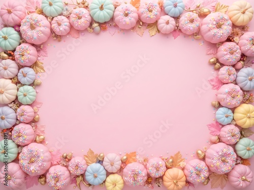 Colorful frosted donuts arranged in a decorative frame on a pastel pink background
