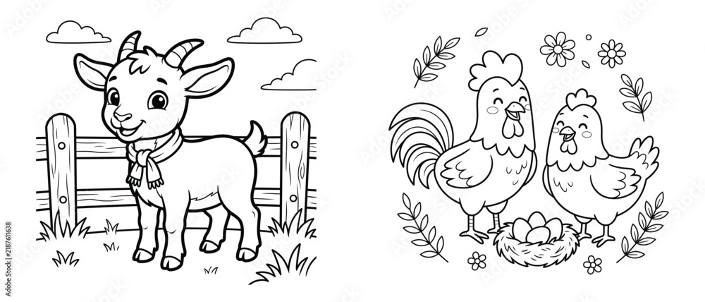 Obraz premium Set of two black and white coloring pages for kids featuring a cute baby goat with a scarf and a pair of chickens sitting on a nest of eggs