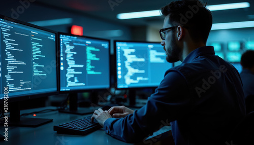 Obraz na płótnie Software developer working at desk with multiple monitors displaying source code and terminal windows, software developer debugging and reviewing code in dim office with focused posture,