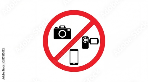 Prohibited photography and video recording sign with black icons isolated on white background on white background