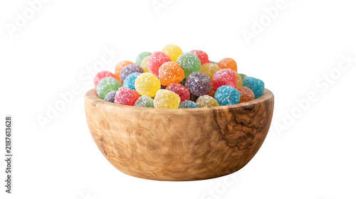 A wooden bowl filled with colorful sugarcoated gummy candies isolated on transparent background
