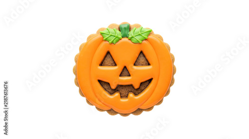 Halloween pumpkin cookie with icing isolated on transparent background