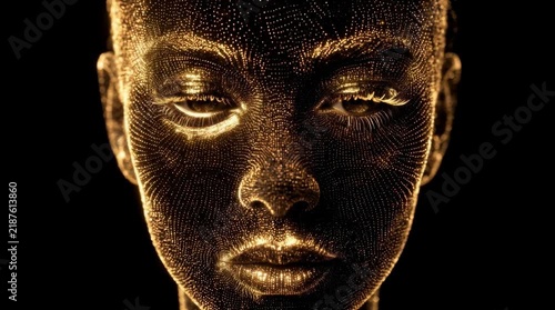 Digital Woman's Face Constructed from Luminous Golden Particles