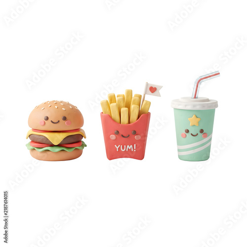 Cute cartoon fast food set with burger fries and drink isolated on transparent background
