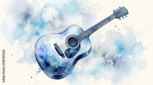 Acoustic guitar illustration rendered in blue watercolor style on a clean white background