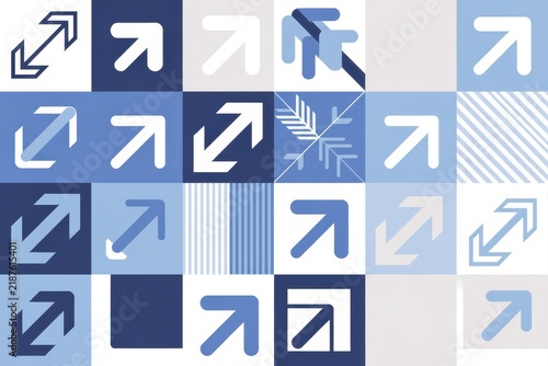 Geometric abstract pattern featuring blue and white squares with various arrow icons