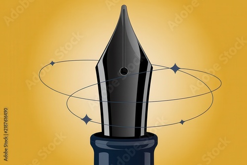 Close up of a black fountain pen nib with orbiting sparkles on a solid gold background