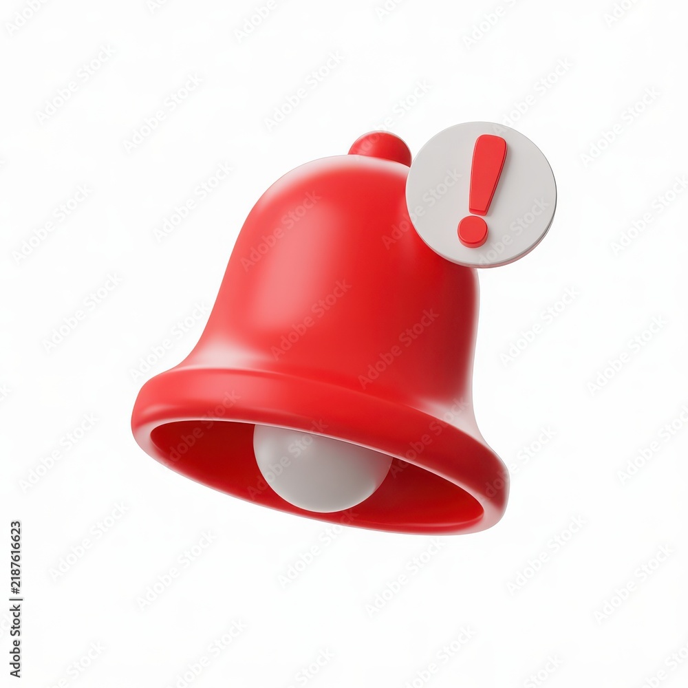 Naklejka premium 3D rendered red notification bell icon with an exclamation mark isolated on white background