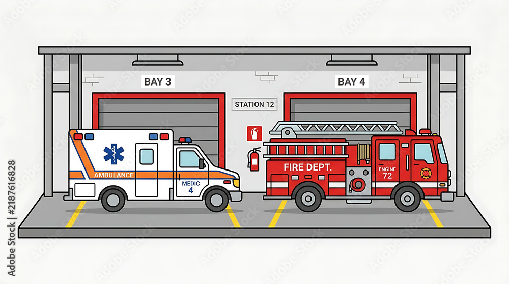 Fototapeta premium Cartoon illustration of a fire station bay with an ambulance and a fire engine parked inside