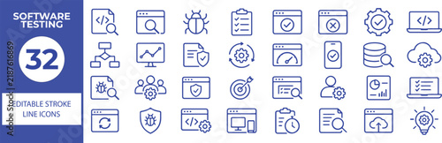 32 Software Testing Vector Outline Icons Set,Quality Assurance, Bug Detection, Debugging, Test Automation and Software Development Line Symbols Collection