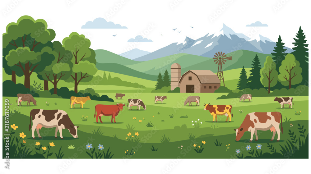 Obraz premium Cows grazing in green meadow near country barn and tall mountains.