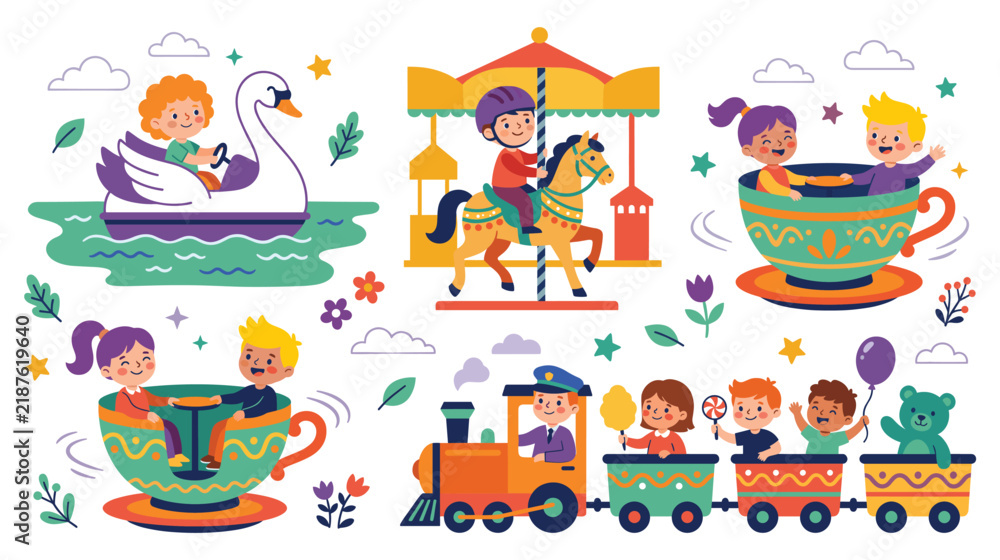Fototapeta premium Happy children enjoying amusement park rides and colorful train car.
