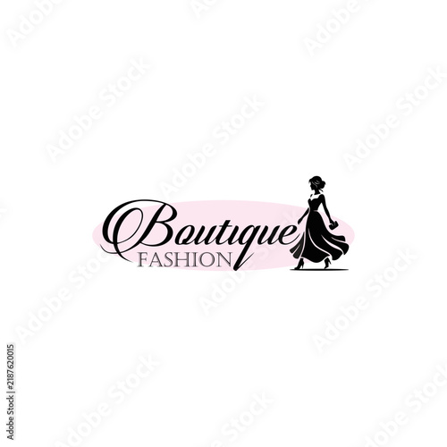 Fashion boutique logo template with woman silhouette, luxury dress, and elegant typography.