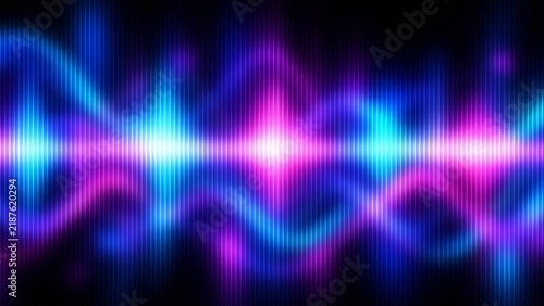 Abstract Neon Pink And Blue Audio Wave Background With Glowing Sound Equalizer Light Flares, Vibrant Music Frequency Pulse Beams And Vertical Striped Scanline Digital Texture Wallpaper Backdrop

