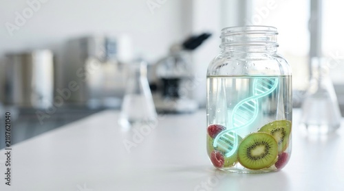 Scientific laboratory visualization of Glowing mrna strand in bioreactor for cellular longevity and genomic medicine discovery