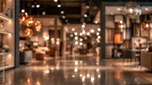 Wide eye level view of blurred luxury furniture showroom in warm beige and brown tones with glowing bokeh lights, polished reflective floor and modern decor for interior design marketing and retail ba