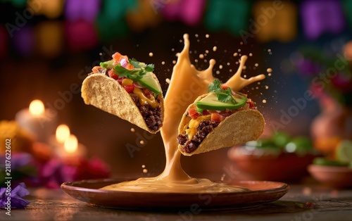Delicious Tacos with Sour Cream and Salsa Splashing on a Plate Served in a Festive Mexican Setting