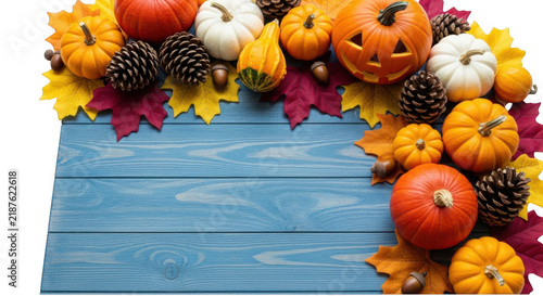 Autumn pumpkins on blue wood frame isolated on transparent background