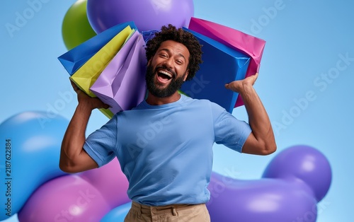 Jubilant Man Carrying Colorful Gifts and Balloons Celebrating a Festive Occasion