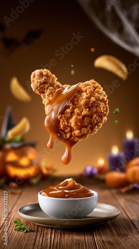 Delicious Fried Chicken with Honey Glaze and Syrup Drizzle Celebrating Halloween with Pumpkin Decorations and Candy